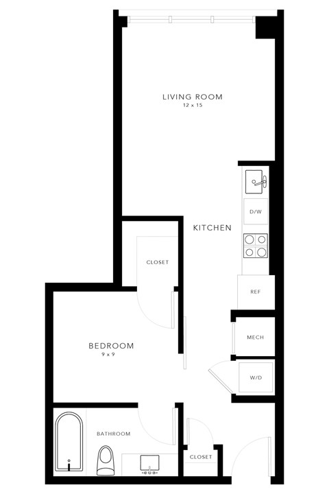Floor plan for 1 bed, 1 bath, 508 sqft